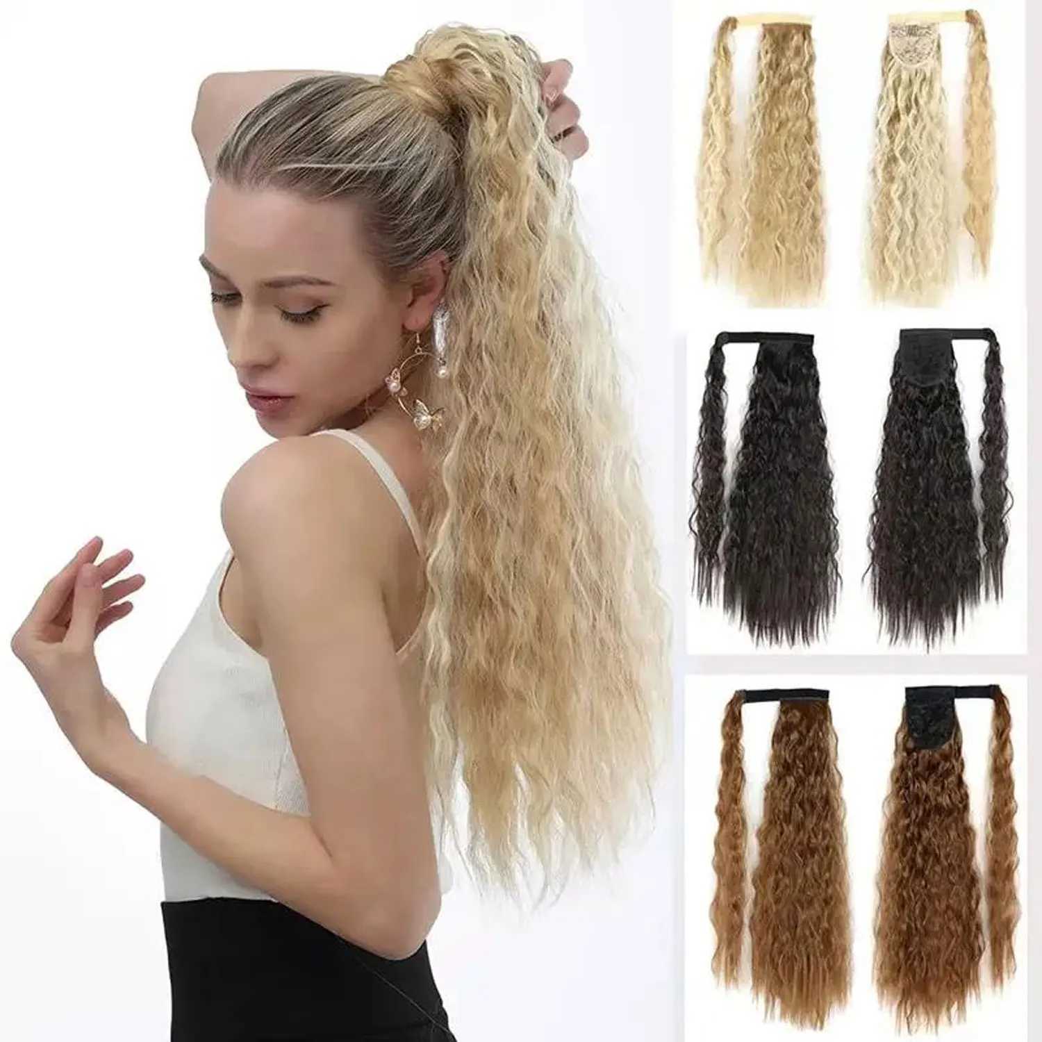 Synthetic Long Corn Wave Ponytail Extension Magic Paste Heat Resistant Wavy Wrap Around Ponytail Black Hairpiece for WomenXJ241221