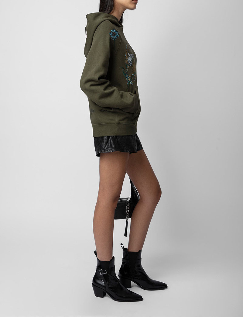 Army Green Hoodie Women's Long Sleeve Letter Print Wers Skull Wings Embroidery Pocket Fleece Pullover Sweatshirt