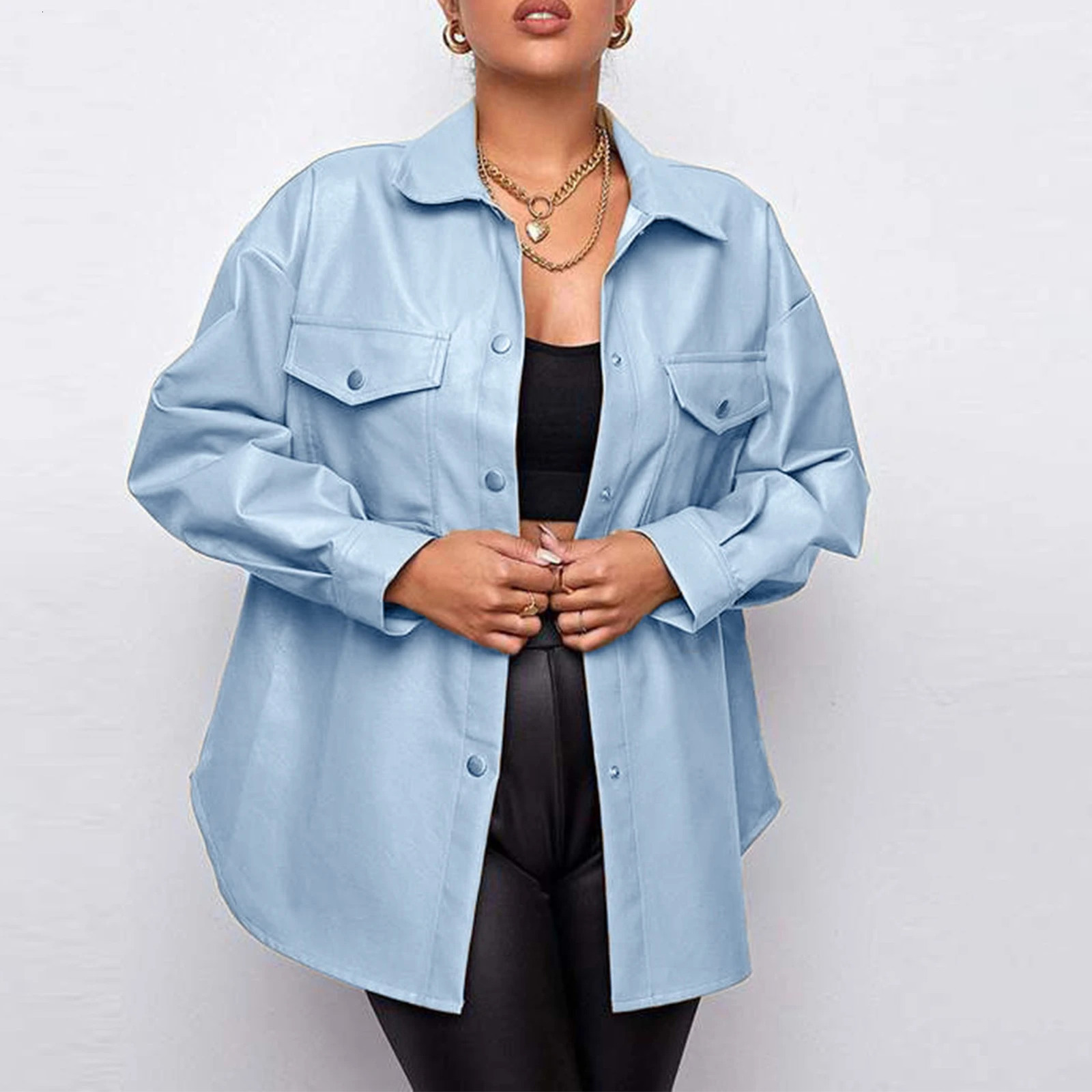 Vintage PU Leather Shirt Jacket Women Casual Coat Retro Punk Jackets Loose High Street Shacket Moto Biker Coats Streetwear 241216