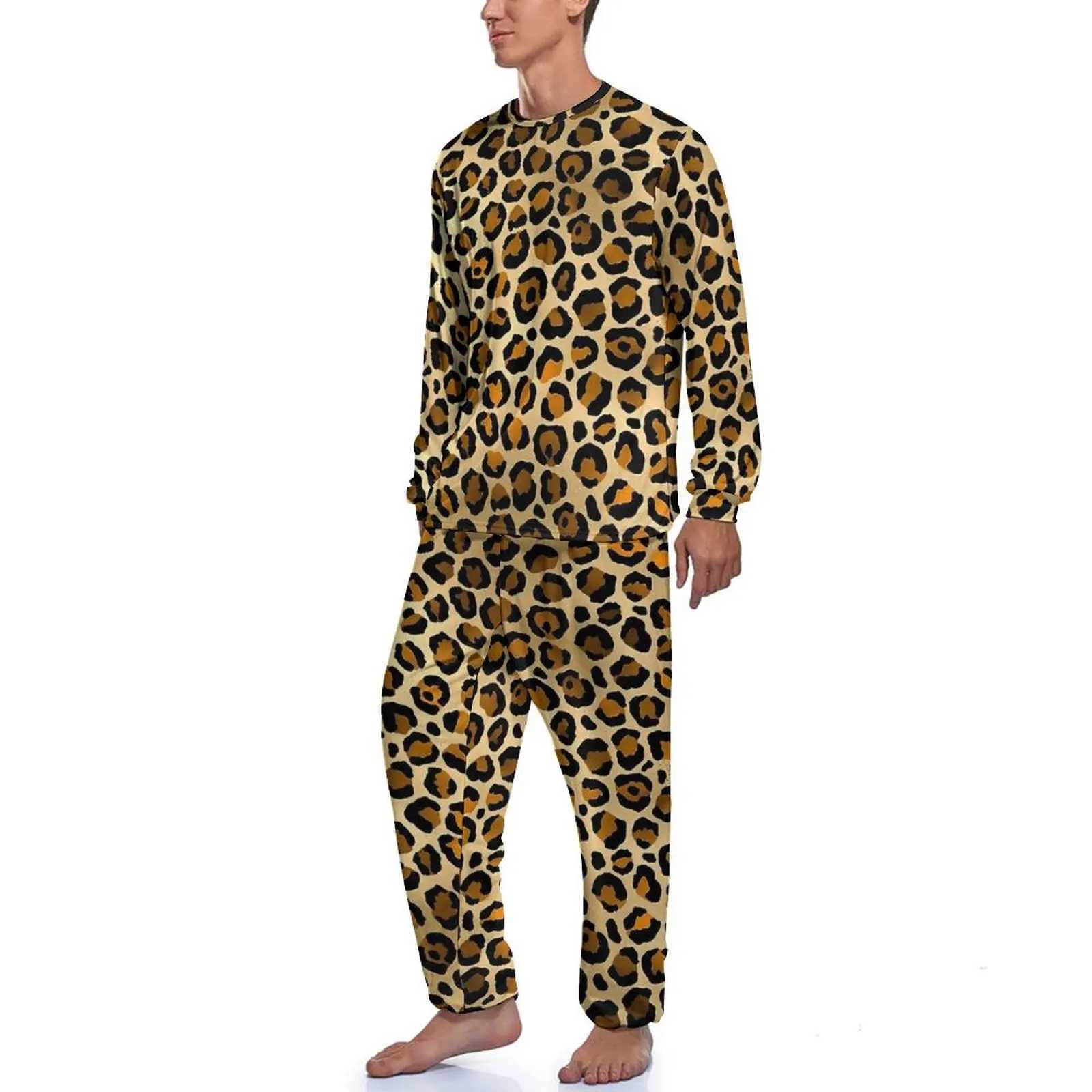Orange leopard print pajamas for spring casual sleepwear mens 2-piece patterned long sleeved fashionable sleepwear set W241221