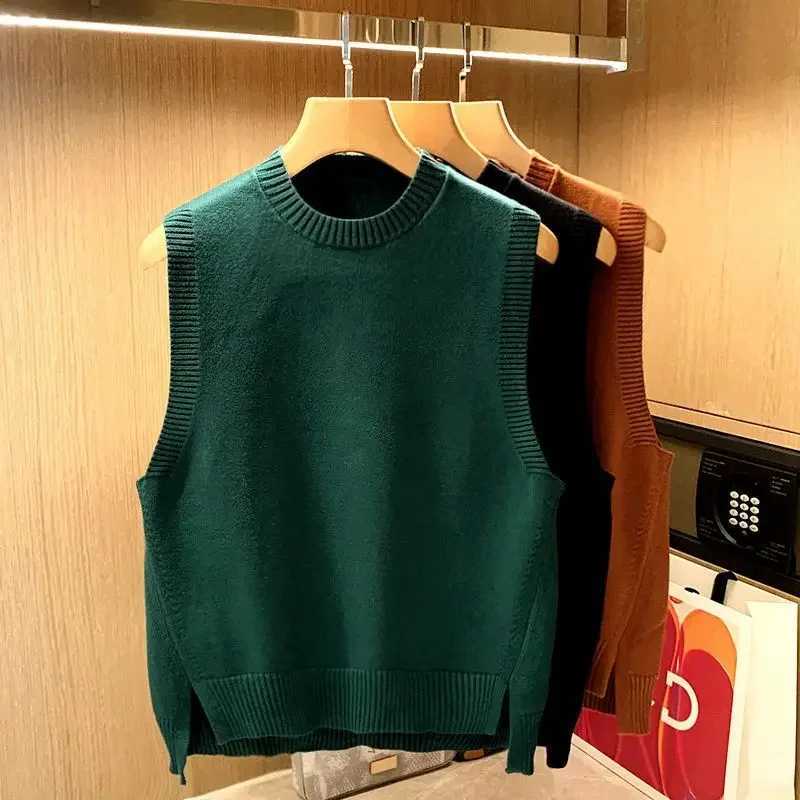 Mens Clothing Sleeveless Knit Sweater Male Crewneck Brown Solid Color Vest Waistcoat Plain Round Collar X Korean 2024 Autumn AXJ241221