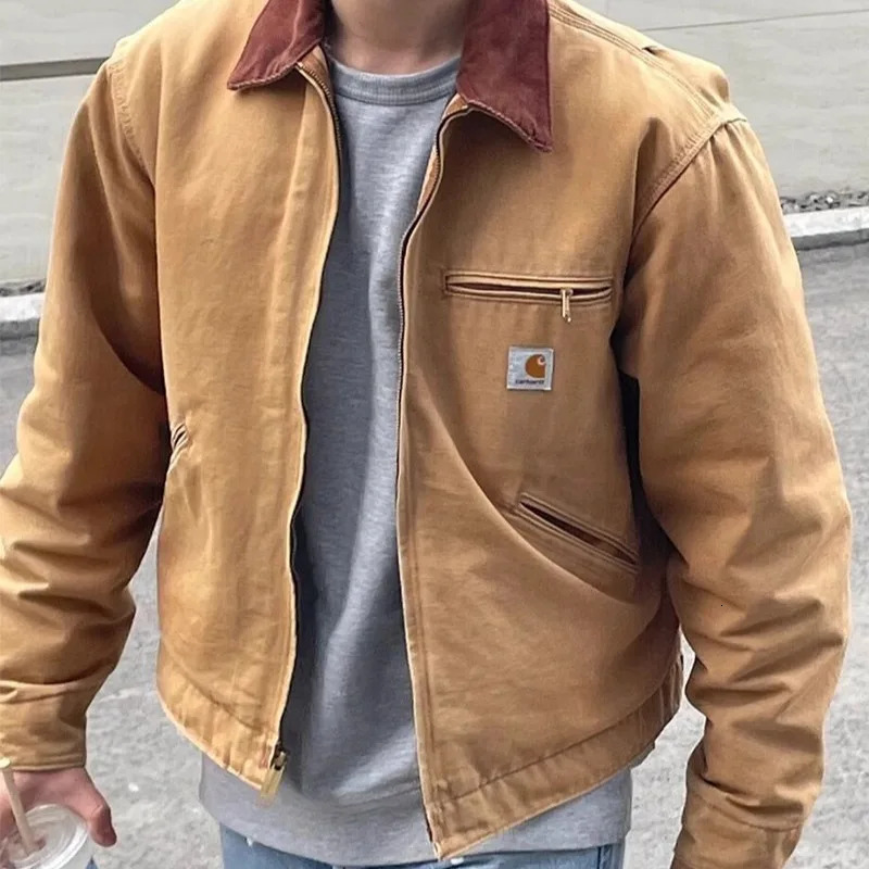 Casual Vintage Washed Corduroy Collar Jeans Varisty Utility Mesh Lining Work Wear Canvas Denim Detroit Jacket For Men 241217