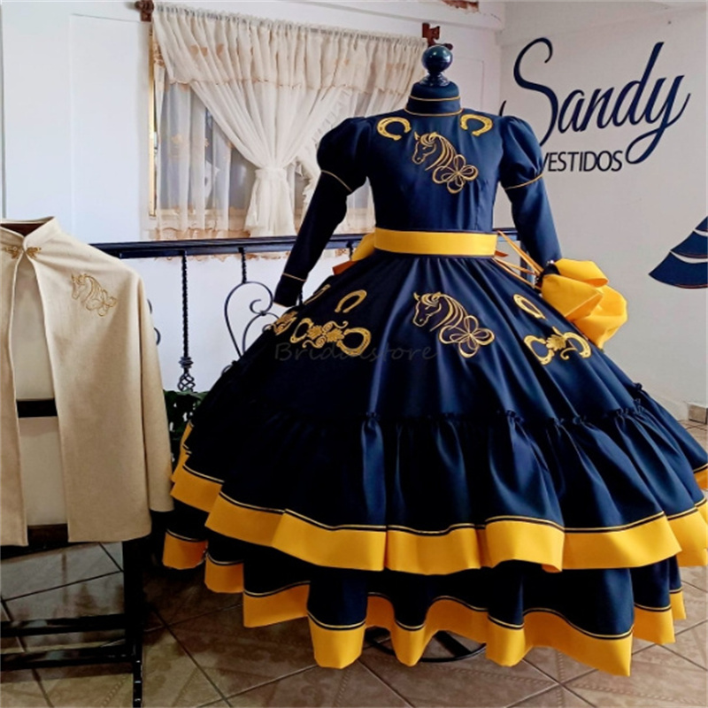 Mexican Black Quinceanera Dress Charro Embroidery Horse Long Sleeve Birthday Party Sweet 16 Vestidos De 15 Anos Xv Debutante Costume Gothic Halloween 