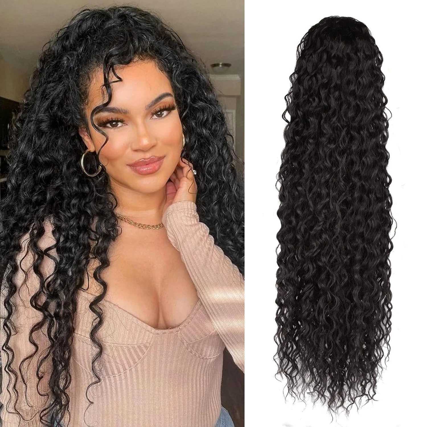 Synthetic Curly Ponytail Hair Extensions For Women Black 22Inch Drawstring Ponytail Hair Extension Natural Water Wave PonytailXJ241221