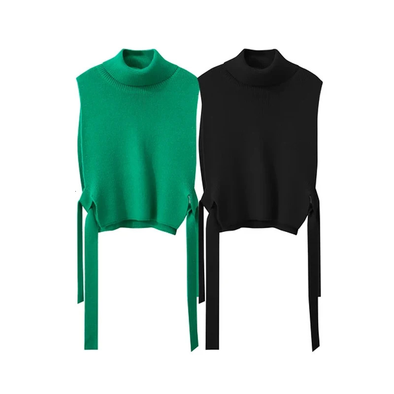 AMII Womens Knit Vest Autumn Turtleneck Sleeveless Short Woolen Sweater Female Fashion Laceup Side Waistcoat Top 12343391 241218