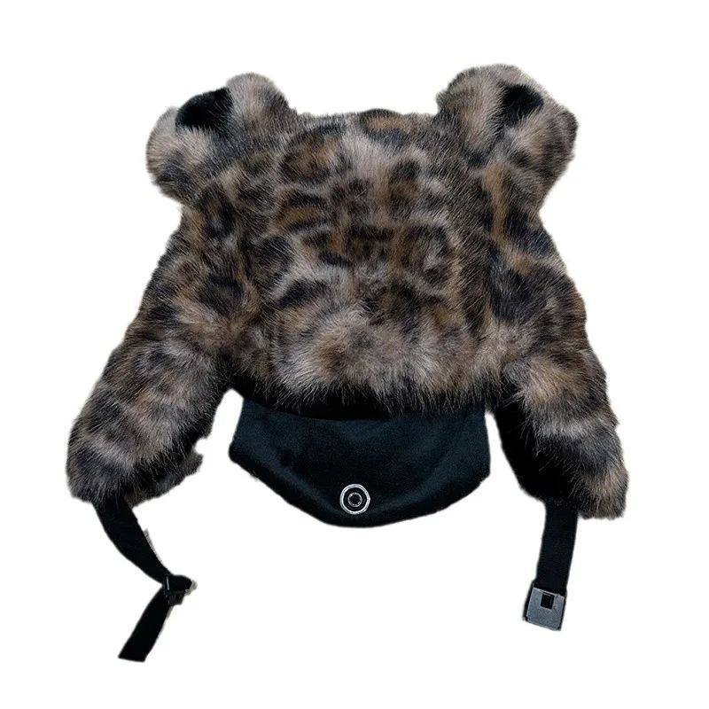 American mink leopard printed bear ear thunder wind hat for men and women winter plush warm ear protector Russian hat 241220