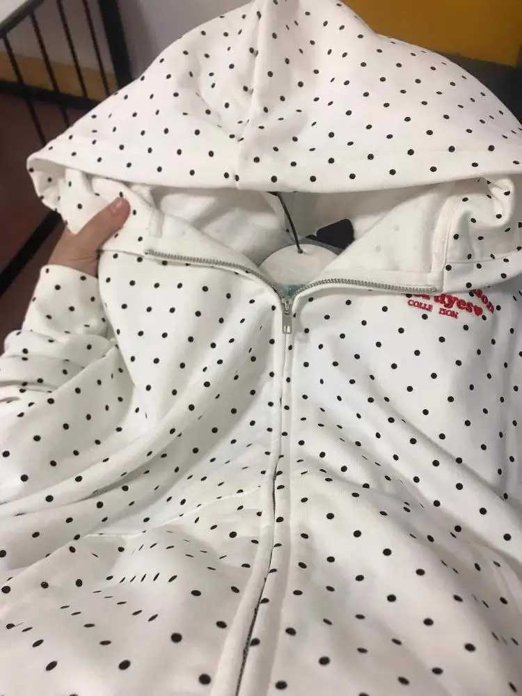 Vintage White Polka Dots Cotton Embroidered Long Slve Hooded Cardigan Zipper Sweatshirt Coat 2024 Autumn Women Oversized TopsC241221