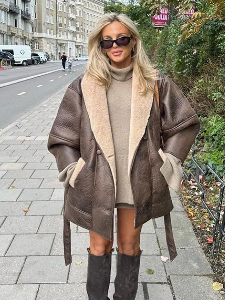 Fashion Double-breasted Large Lapel Lamb Wool Leather Patchwork Coat Full Sleeve Double Pockets Belt Jacket Lady Winter Wear 241216