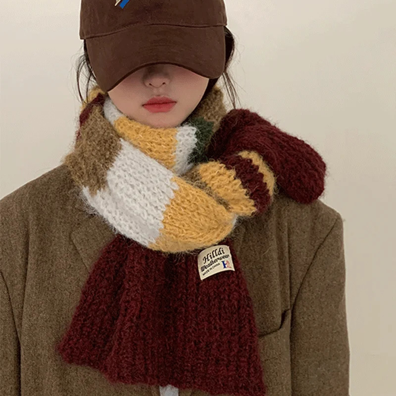 Scarf Man women Winter Warm Wool knitted Scarf Womens Fashion Colour Blocking Striped Thick Warm Scarf Shawl Wrap 241220