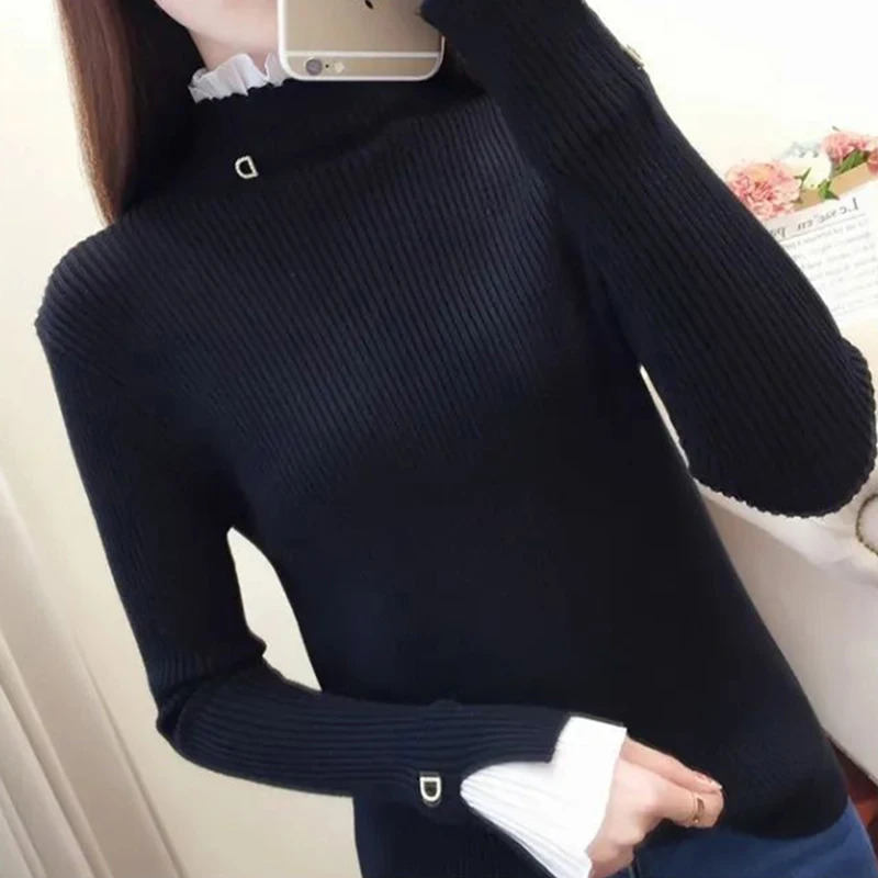 Y2k Turtleneck Women Sweaters Korean Lace Patchwork Female Warm Pullovers Autumn Elegant Chic Flare Sleeve Ladies Casual Tops 241217