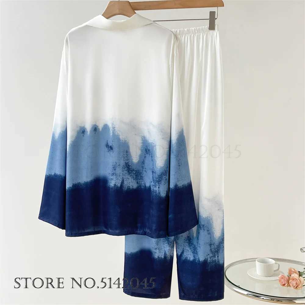 Couples Pajama Set Spring and Autumn Trouser Set Pajama Blue Ink Gradient Ice Silk Pajama Lounge Wearing Loose Home Clothing W241221
