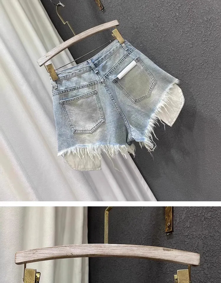 2025 Women Highwaisted Lightcolored Holes ned Denim Shorts Female Ashaped Ripped Jeans sxl pink blue 241218