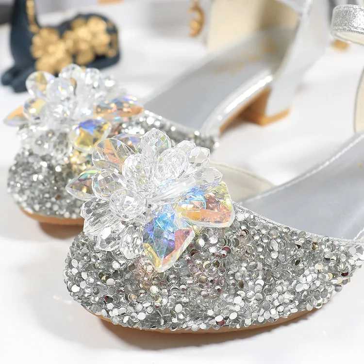 Sneakers Girls Princess Shoes Performance Crystal Shoes Summer Children High Heels Model Walking Show Performance Leather H241221