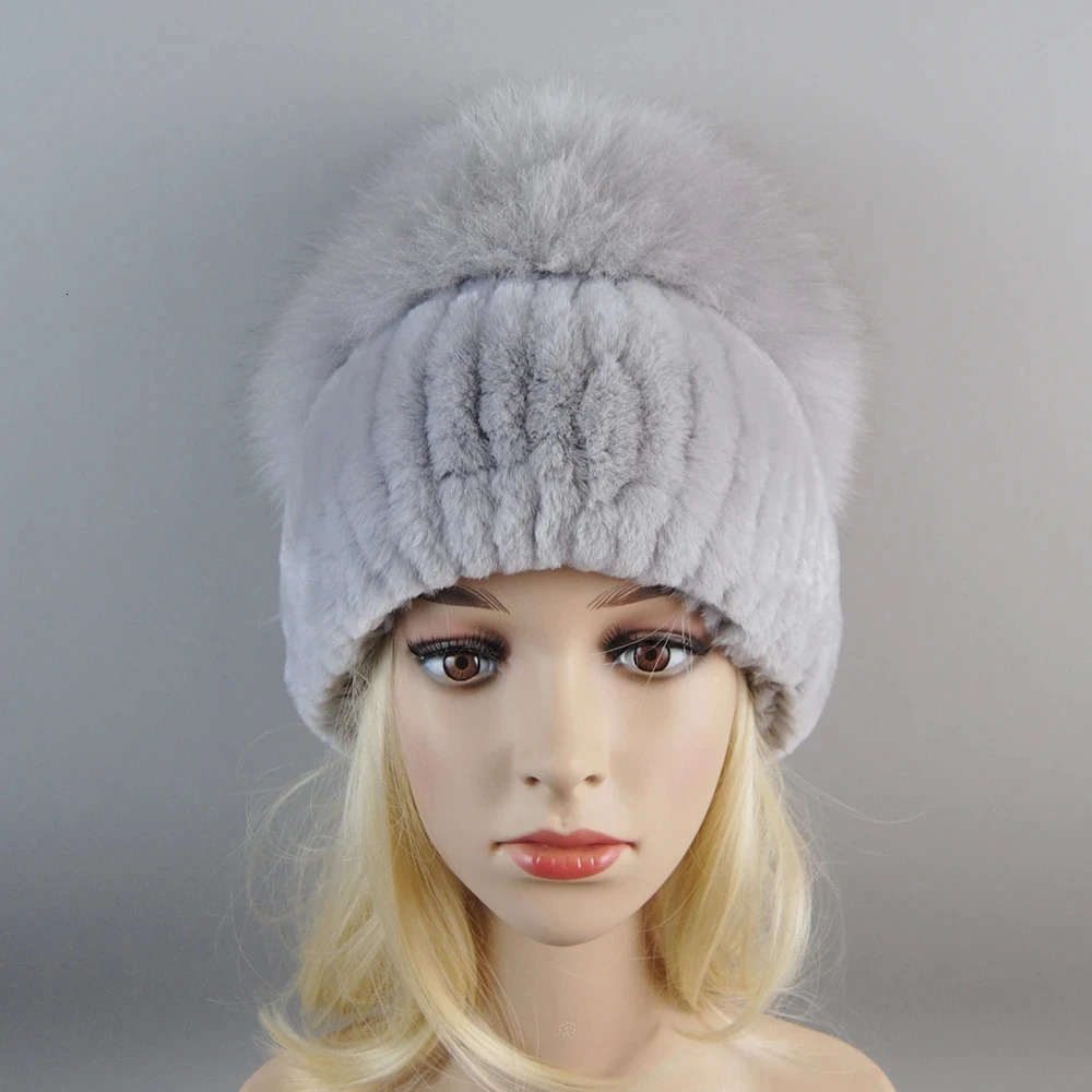 Russia Lady Winter Real Fur Hat Women Warm Knitted Genuine Rex Rabbit Fur Hat Top Natural Fox Fur Bomber Caps Rex Rabbit Fur Cap 241214