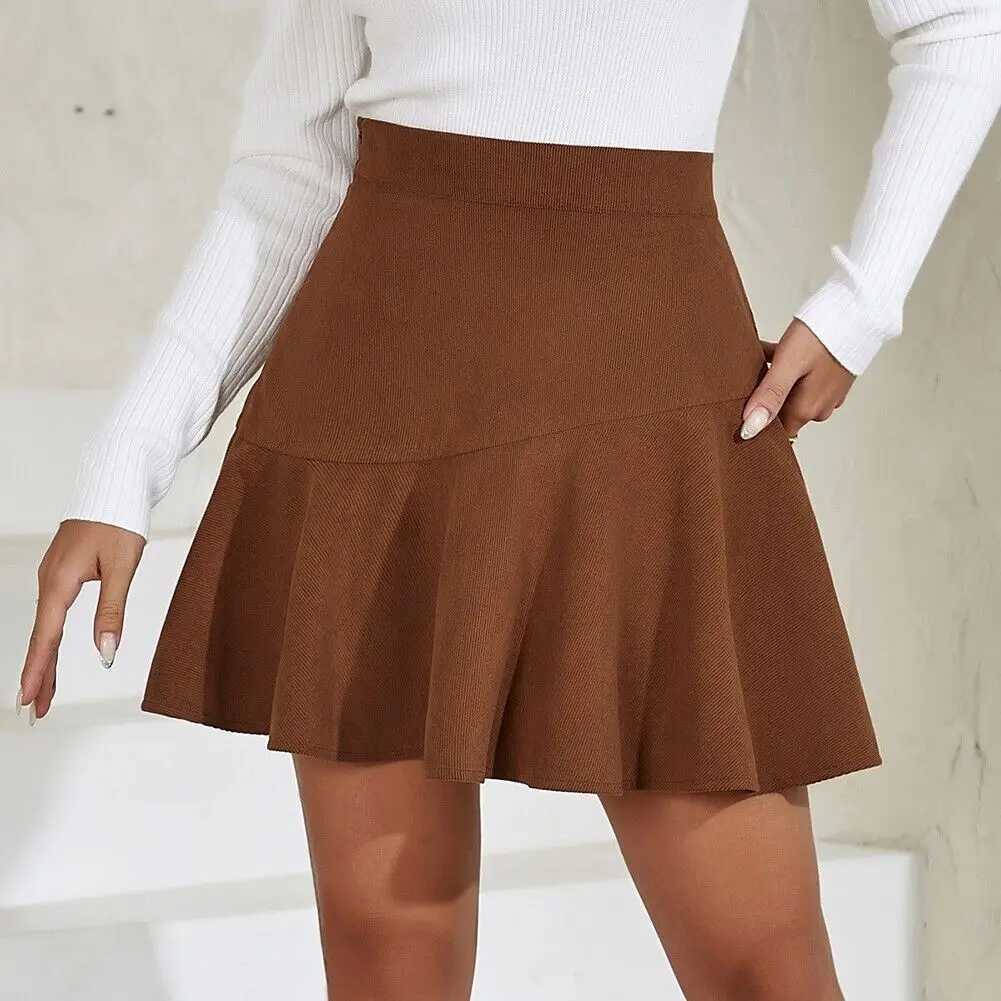 Solid A Line Ruffle Hem Skirt Versatile High Waist Skirt For Spring Fall Womens ClothingXJ241221