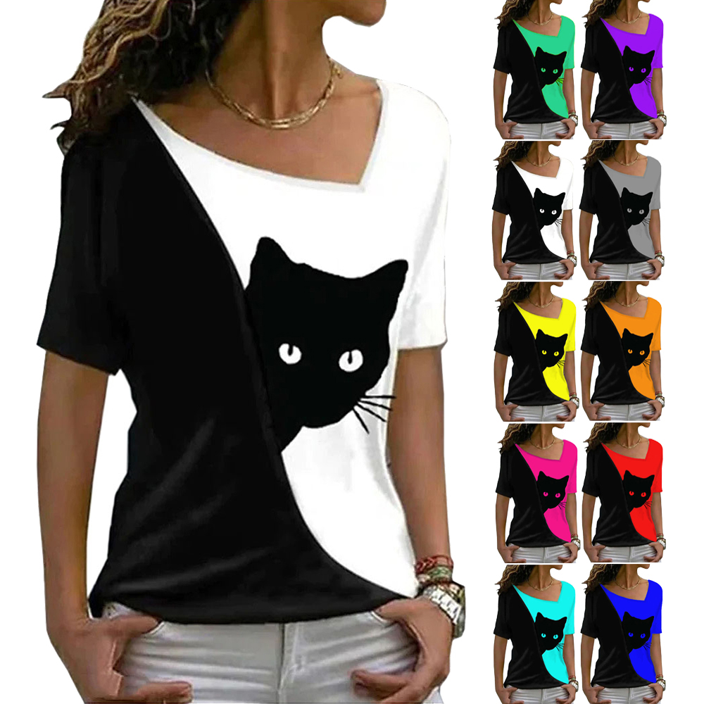 2025 summer women clothes blouse new style inclined collar black cat print short sleeve T-shirt women