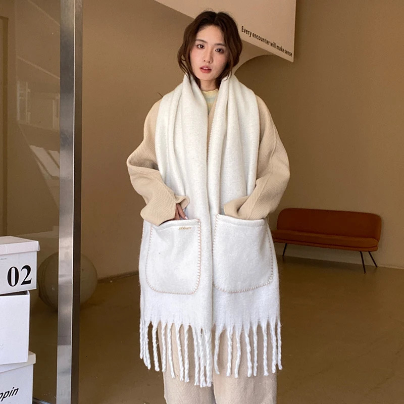Cashmere Solid Colors Women Pocket Scarf Winter Shawl and Wrap Bandana Pashmina Tassel Female Foulard Thick Blanket 241220