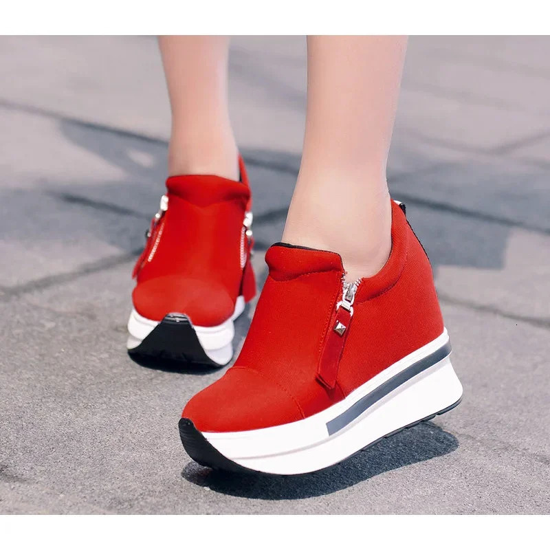 Platform Sneakers Womens Red Casual Comfortable Hidden High Heels Black Canvas Shoes Wedge High Heels Sneakers Sports Shoes Tenis De Mujer 241213