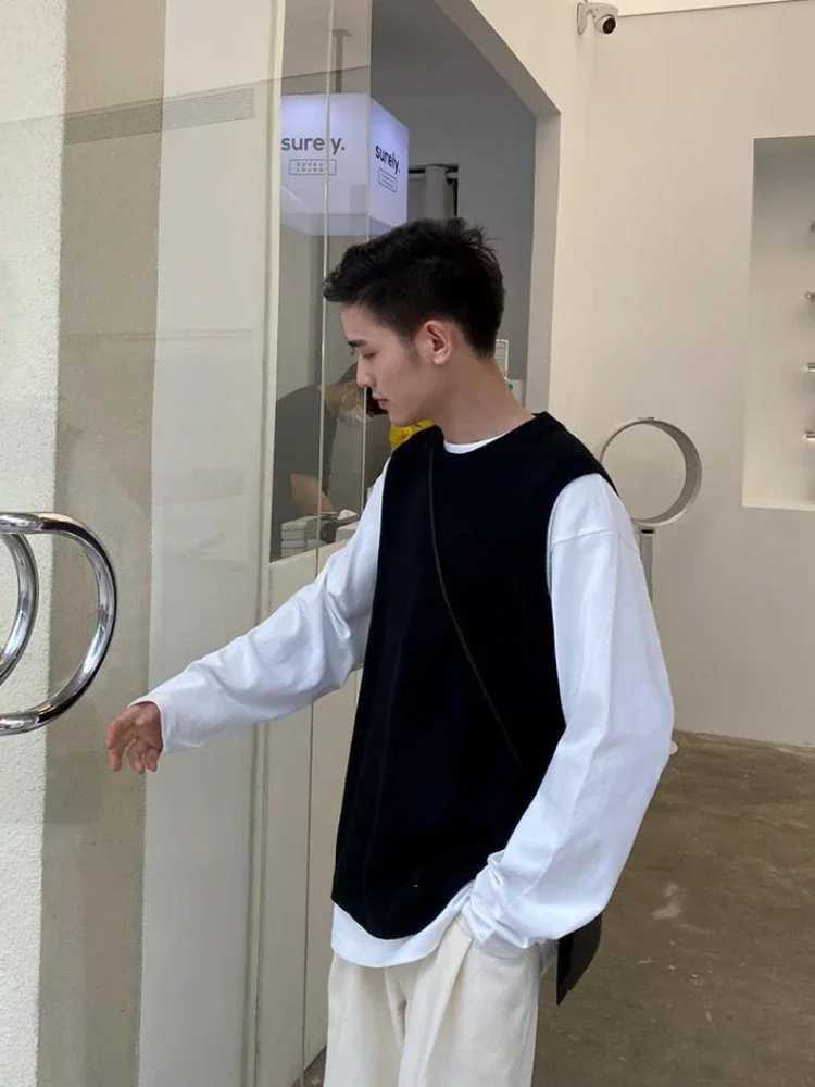 Knit Sweater Male Solid Color Plain Slit Mens Clothing Black Vest Waistcoat Sleeveless Korean Autumn Clothes Winter 2024 A NeckXJ241221