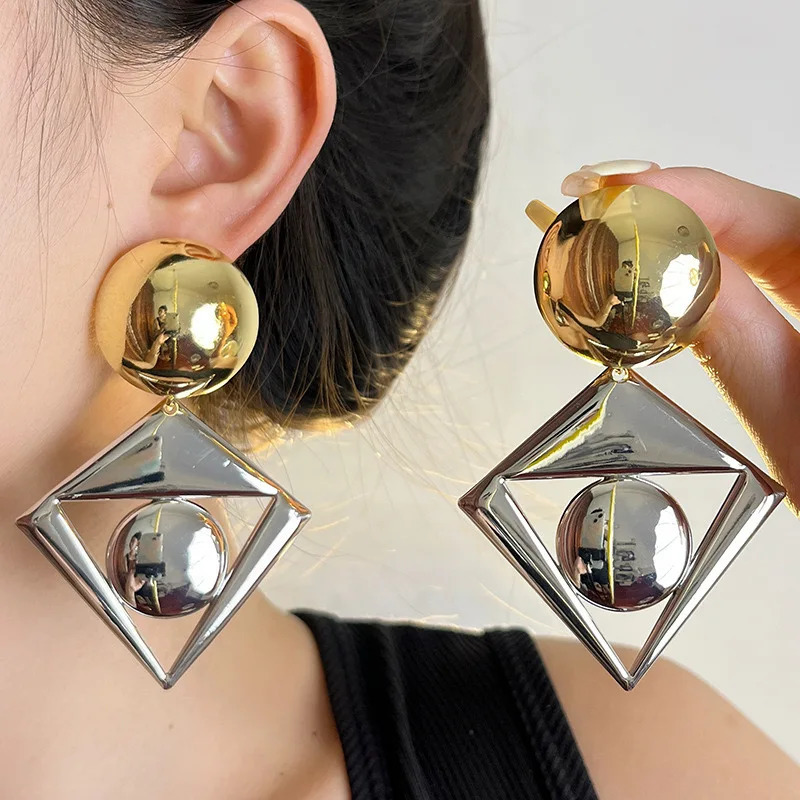 Exaggerated Fashion Glossy Metal Geometric Round Gold Color Silver Crystal Drop Earrings for Women Girls Jewelry Gifts 2024 241220