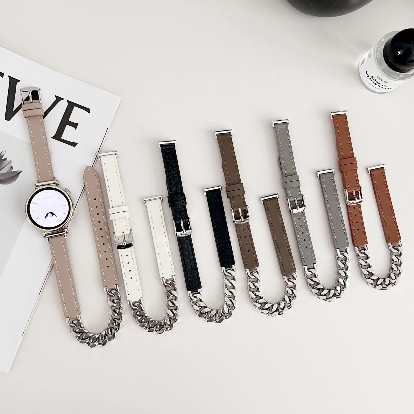 18mm Chain leather strap watch band For Huawei Watch GT4 5 41mm Smartwatch strap for women girl lady 241220