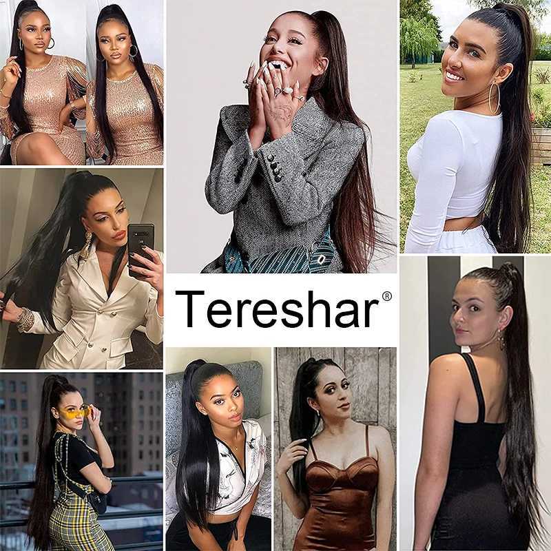 Teresahr Synthetic 36 inch Ponytail Extension Half Yaki Drawstring Ponytail Black Long Kinky Straight 50% Yaki Pony TailsXJ241221