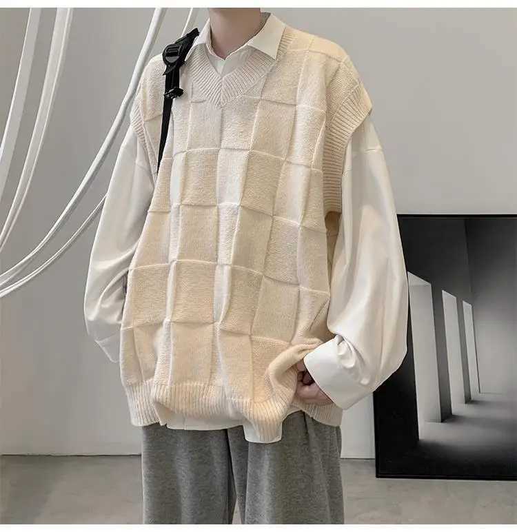 Spring Autumn Fashion Solid Casual Pullover Tess Vest Men Loose Knitted Top Student Preppy Style Sweater Gentle Retro PatchworkXJ241221
