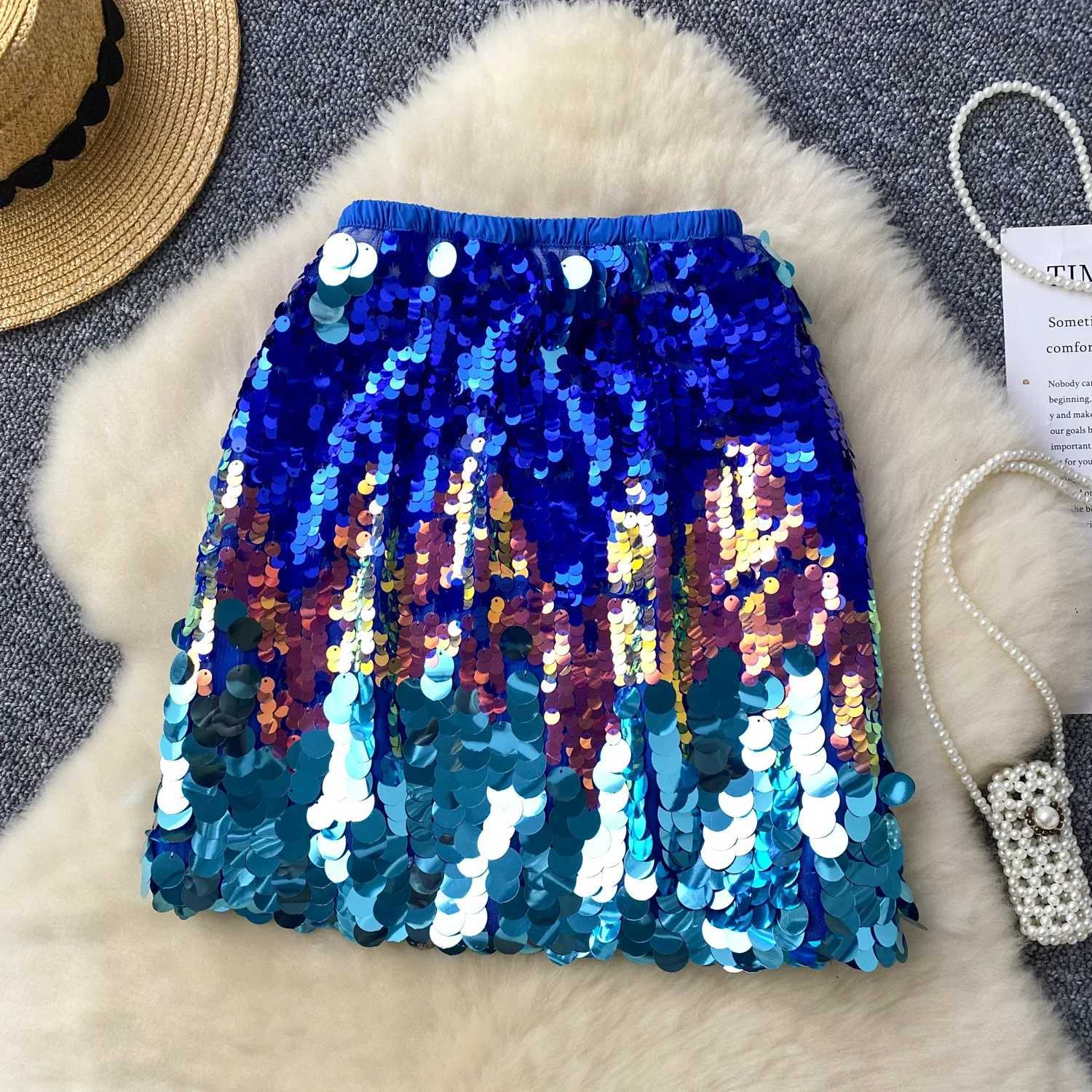 Women Chic Sexy Skirt color Sequin High Waist Korean Fashion Vintage Pencil Skirt Summer Clothing Short SkirtsXJ241221