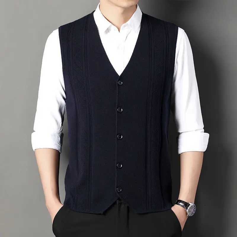 Fashion High-end Smart Casual Pure Wool Sweater Knitted Tank Mens Solid V-neck Button Patchwork Screw Thread Sleeveless VestXJ241221