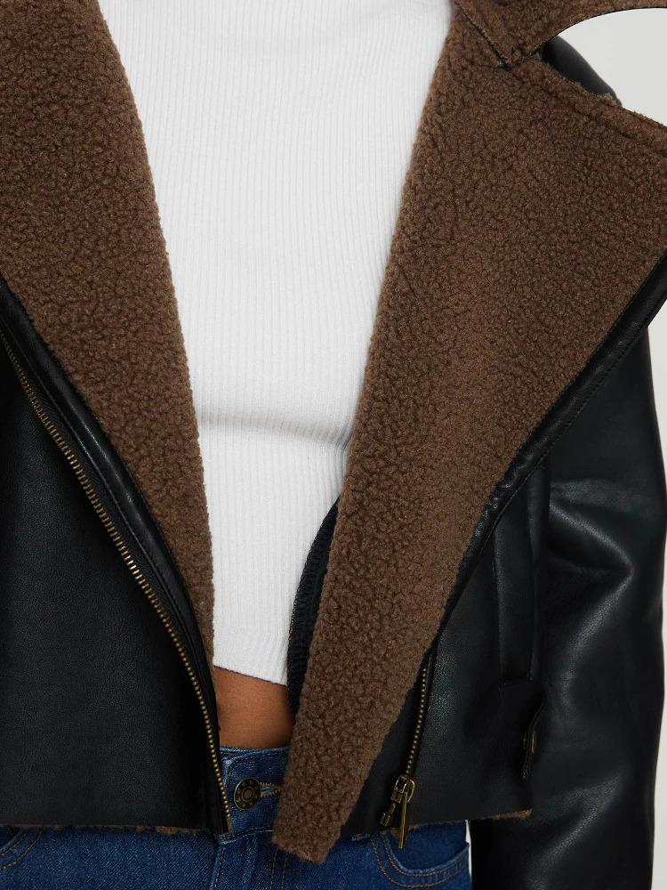 ZBZA Women PU Leather Locomotive Jacket Thicken Long Sleeves Lapel Oblique Zip Pocket Warm Outerwear Winter Female Fashion Coat 241216