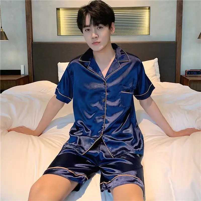 Ice silk sleepwear mens short sleeved thin summer solid color sleepwear large-sized home set W241221