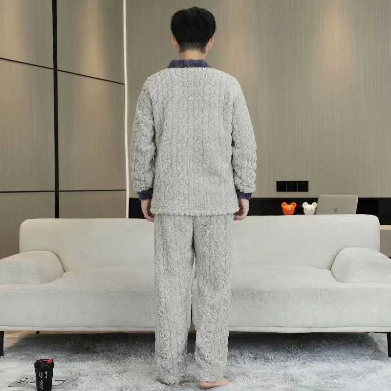 2023 new autumn sleepwear mens winter wool sleepwear thick casual wear wool three piece craft jacquard sleepwear warm set W241221
