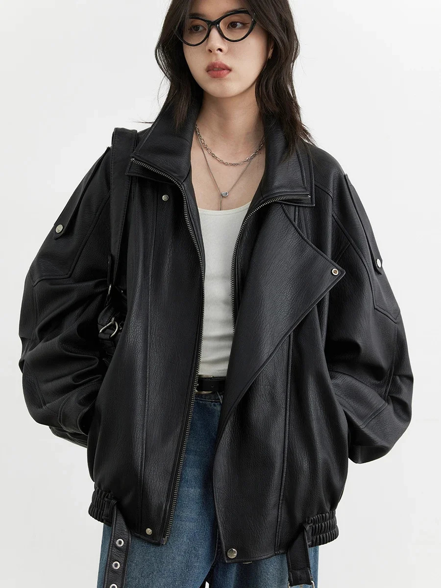 CHIC VEN Female PU Jacket Solid Loose Retro Standing Collar Motorcycle Faux Leather Coat Top Spring Autumn 241216