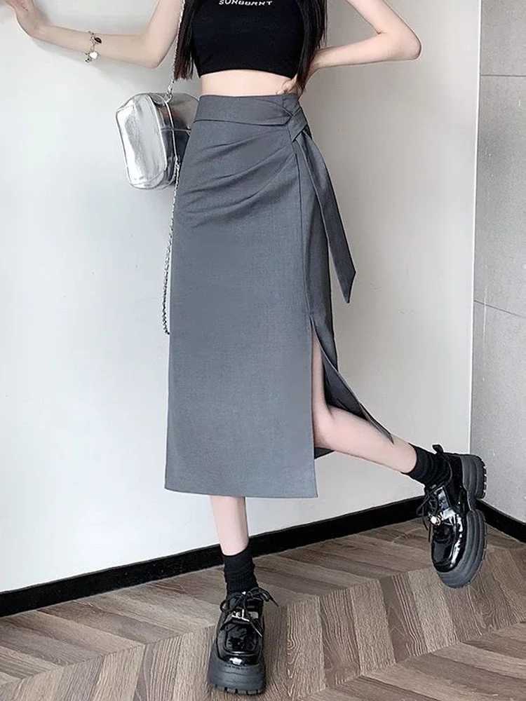 Women Grey A-Line Long Skirts Y2k Harajuku Korean Vintage 90s Aesthetic High Waist Skirt 2000s Trashy Clothes 2025 SummerXJ241221