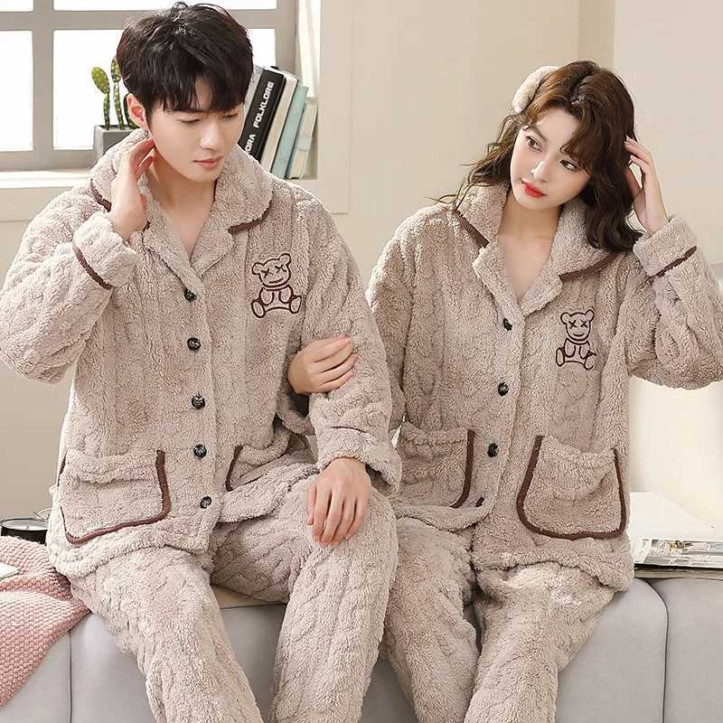 Large size 6Xl mens warm winter lovers pajamas evening gown flannel pajamas set thick pajamas long sleeves W241221