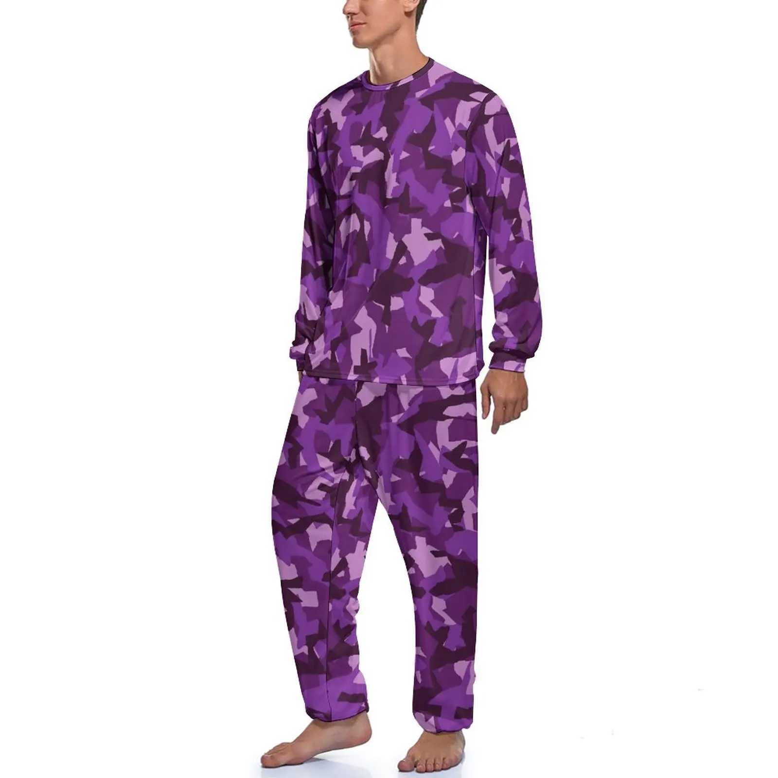 Military camouflage pajamas purple camouflage mens long sleeved soft sleepwear set 2-piece home autumn graphic sleepwear birthday gift W241221