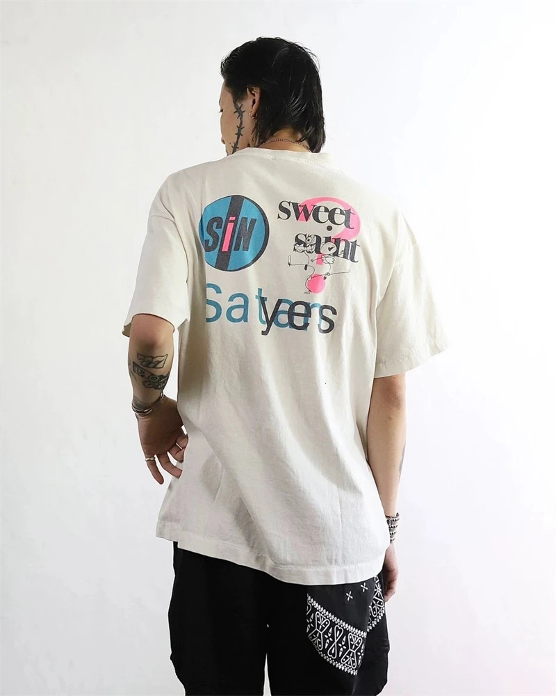 Vintage Letter Double sided Printed Washed High Street Short Sleeve Japanese Casual Loose Pure Cotton Tshirt 241217