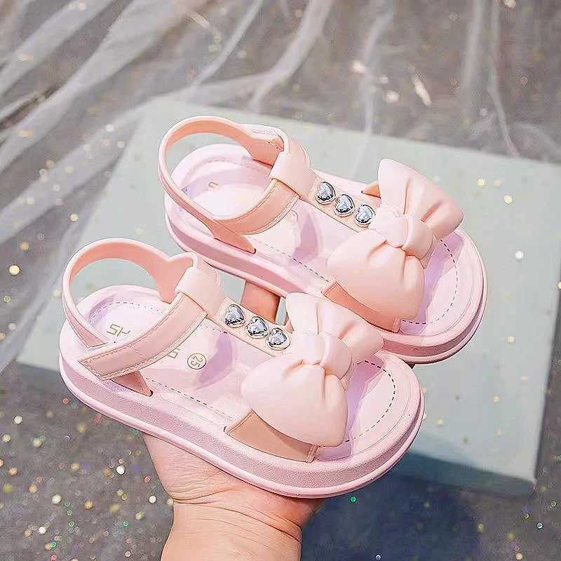Sneakers Girls Open Toe Breathable Solid Color Sandals With Bowknot Decor Comfy Non Slip Chunky Beach Water Shoes Kids Indoor Footwea H241221