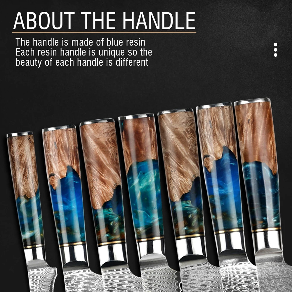 Kitchen Knife Set Damascus Steel VG10 Chef Knife Chop Side Dishes Bread Knife Blue Resin and Colorful Wood Handle 1-8 Piece Set 241220
