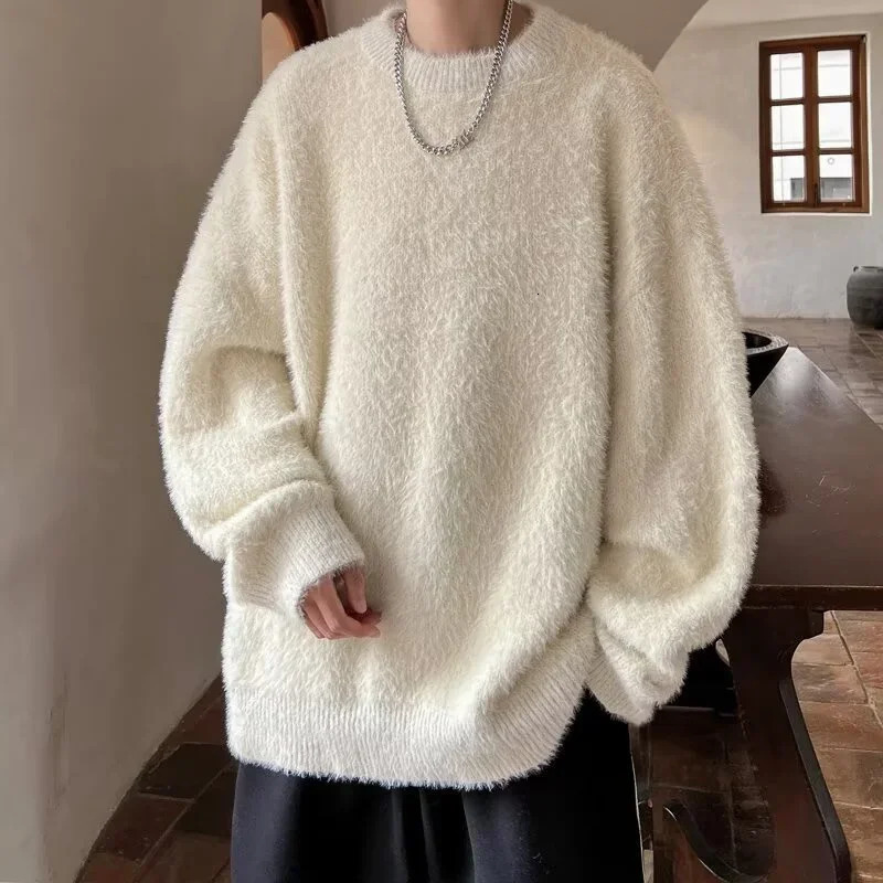 Autumn Mens Solid Fluffy Knitted Sweaters Korean Fashion Loose Warm Pullovers Winter Couples Y2K Vintage Knitwear Jumpers 241220