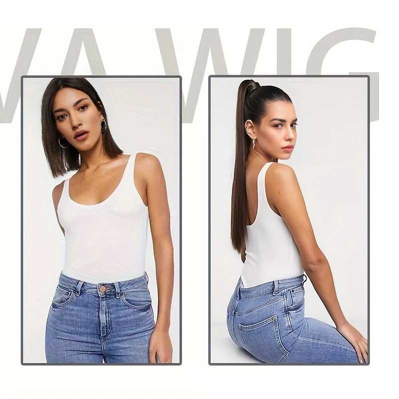 24Inch Synthetic Long Straight Ponytail Hair Extension Heat Resisting Black Hairpiece for WomenXJ241221