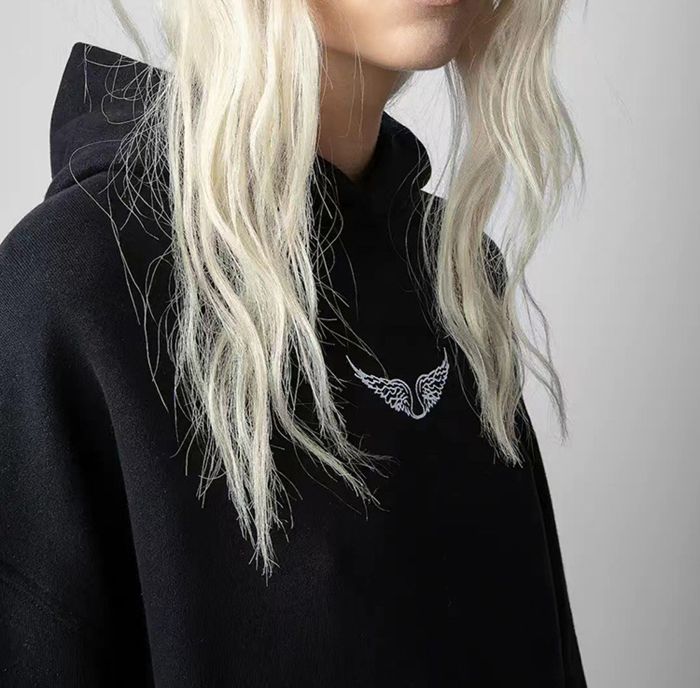 Dia Blue Hair Hoodie For Women Long Sleeve Front Small Wing Rhie Picture Pullover Fleece Pocket Sweatshirt