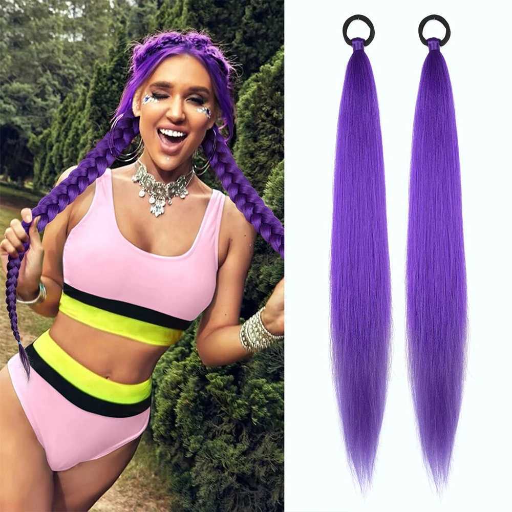 2 Pack Pink Ponytail Extension with Elastic Tie Straight Sleek Wrap Around Braid Ponytail Purple 26 Inch (Purple#)XJ241221