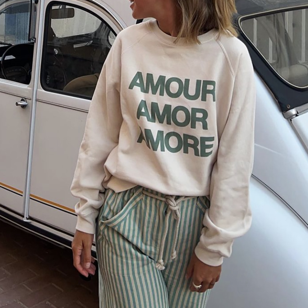 ZESSAM Amour Letter Graphic Print Sweatshirt Women Long Sleeve O-Neck Cotton Female Pullover Vintage Casual Lady Top 2022