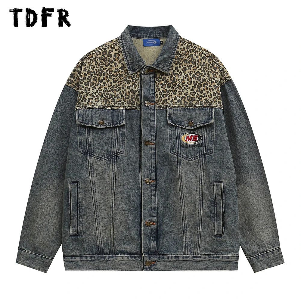 Leopard Print Spliced Denim Jacket Mens Retro Casual Streetwear Autumn Single Breasted Loose Lapel Long Sleeve Jeans Jacket Men 241217