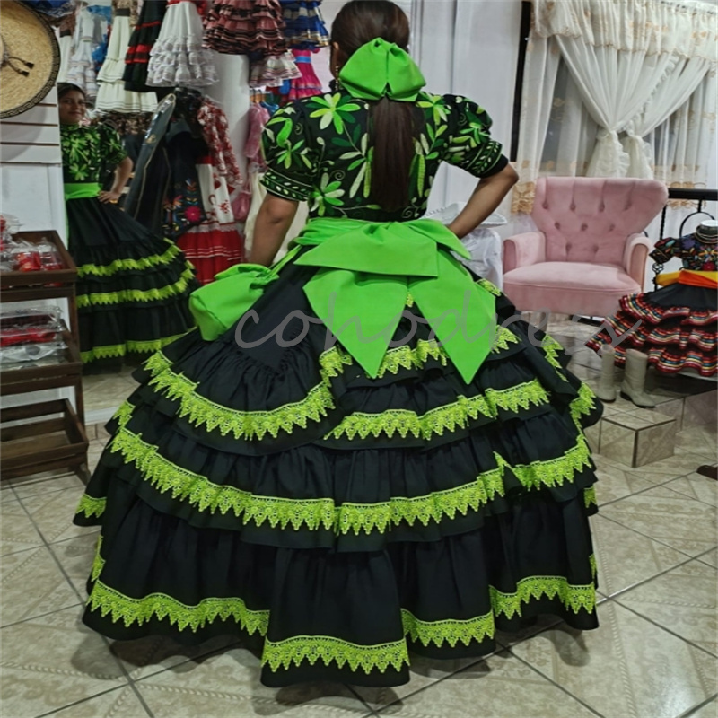 Mexican Black And Green Quinceanera Dresses Short Sleeve Charro Embroider Birthday Party Gown With Bow Vestidos De 15 Anos Xv Debutante Halloween Cosp