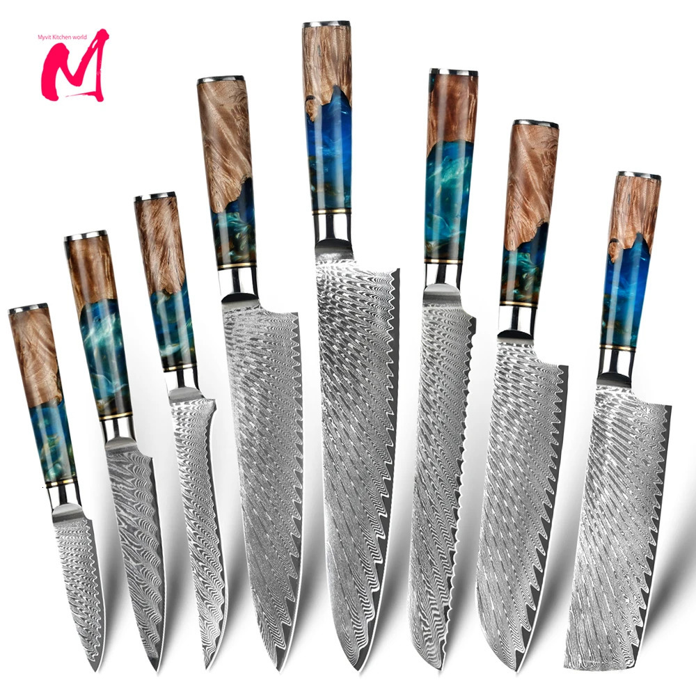 Kitchen Knife Set Damascus Steel VG10 Chef Knife Chop Side Dishes Bread Knife Blue Resin and Colorful Wood Handle 1-8 Piece Set 241220