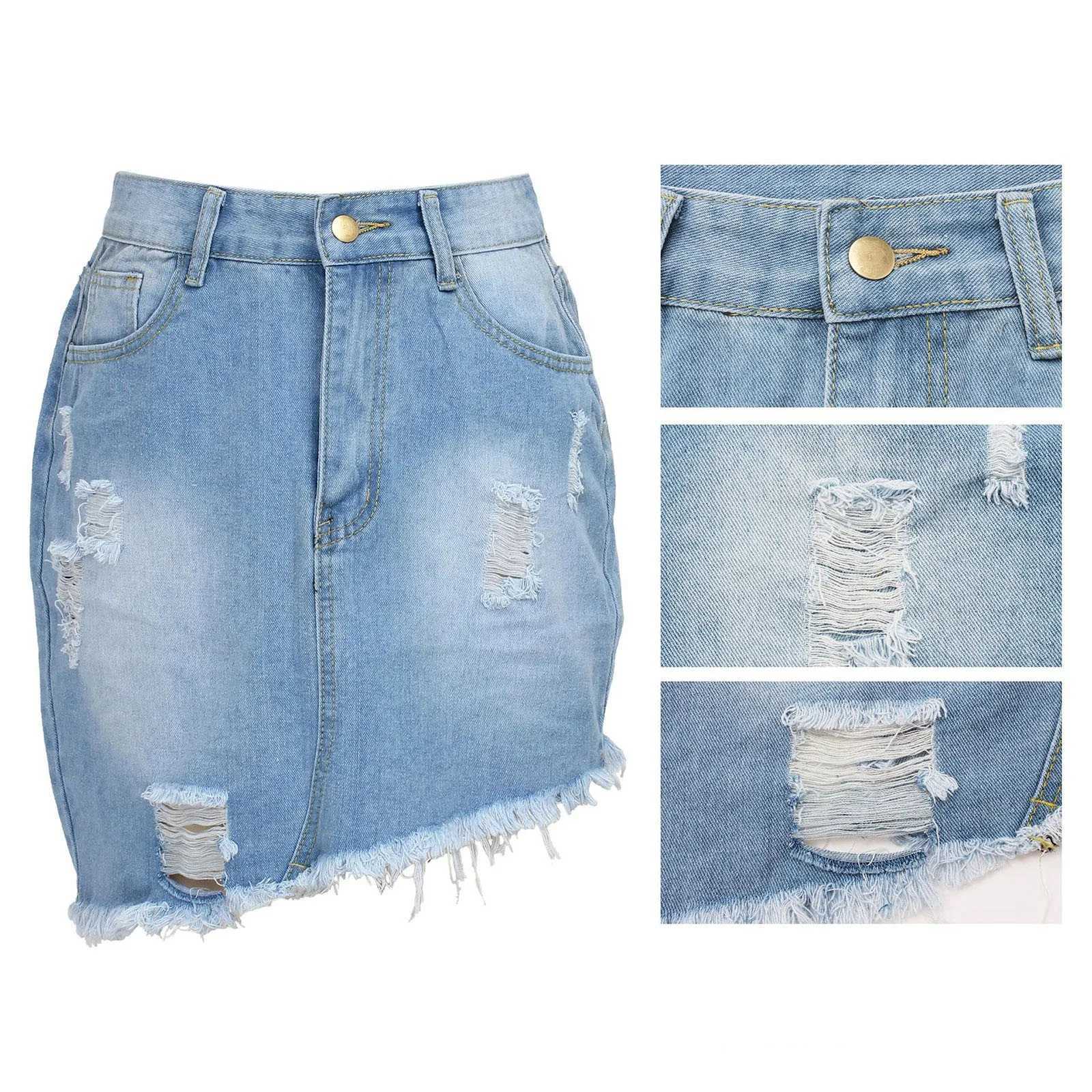 2023 Short Skirt Summer High Button Denim Casual Waist Women Hole Tassel Denim Saia Jeans Mini Skirt Pocket SkirtXJ241221