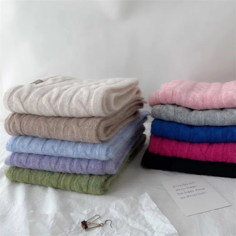 Pure Color Twist Knit Wool Blends Scarf Autumn Winter Lady Men Neckerchief Lovers Student Soft Warm Pashmina Shawl Muffler 241220