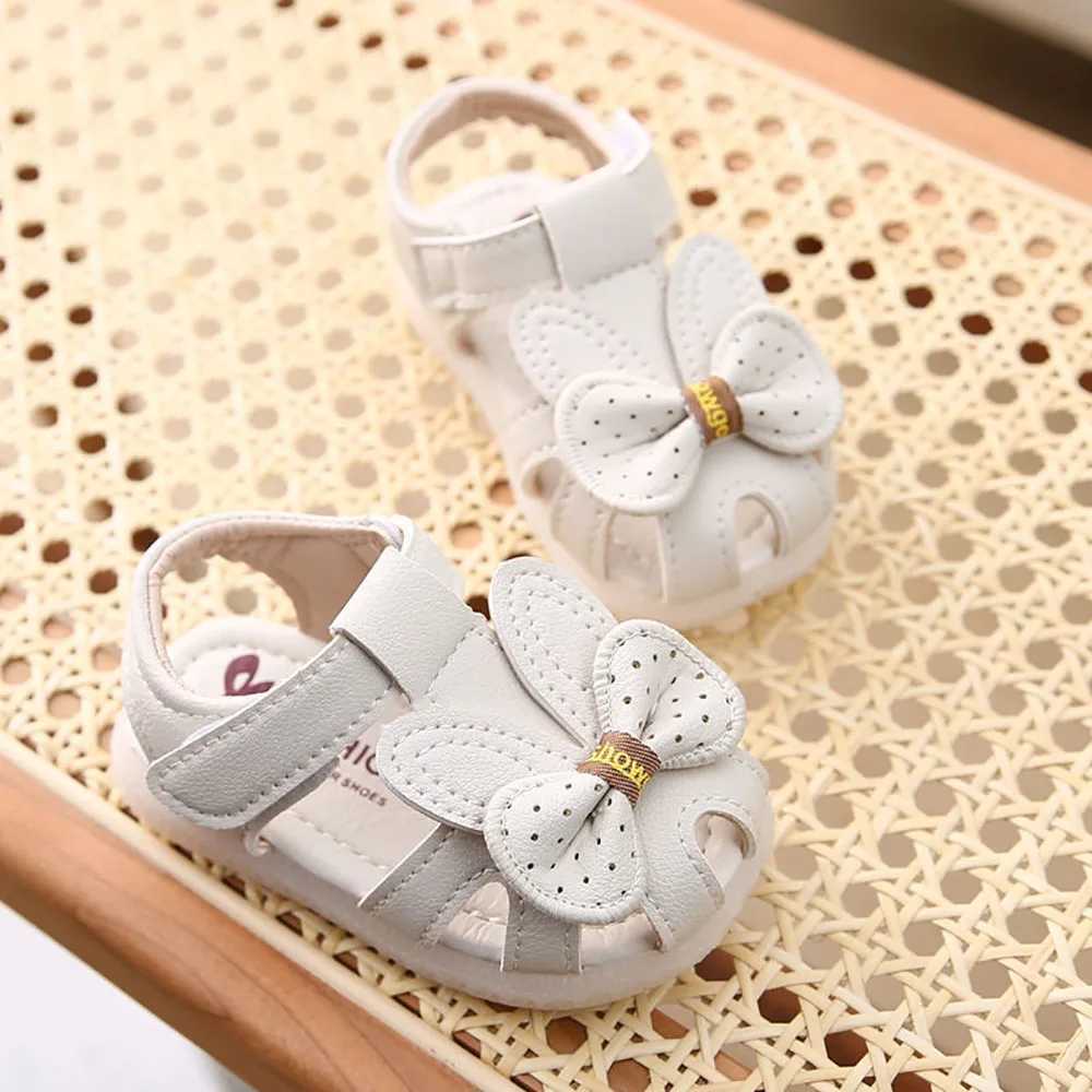 Sneakers PU Leather Summer Sandals For Kids Cute Bow Soft-soled Toddler Shoes Travel Outdoor Beach Sandals For Girls Princess Footwear H241221